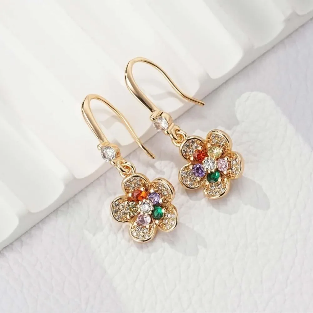 14K Yellow Gold with Multicolor and Diamond Austrian Crystal Flower Earrings